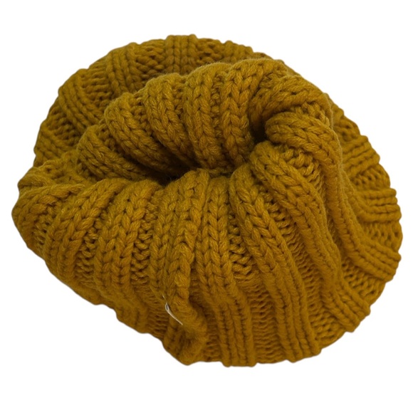 Mustard Yellow Knit Beanie with Faux Fur Pom Chunky Ribbed Winter Hat - Picture 4 of 6